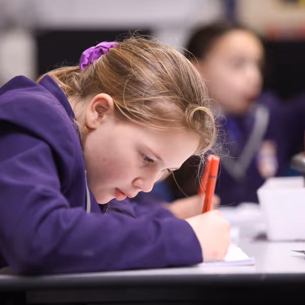 Young girl in a purple sweater focused on writing with a red pen at a desk in a classroom.