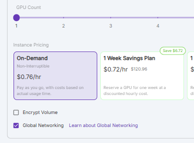 Runpod pod deployment settings with the Global Networking checkbox enabled below instance pricing options