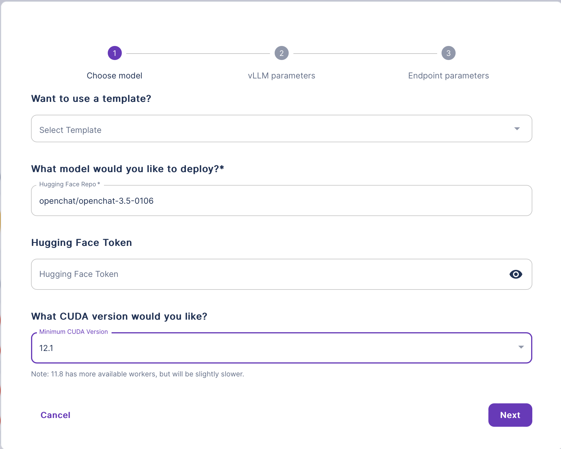 Runpod configurable endpoint wizard with Hugging Face repo openchat/openchat-3.5-0106 and CUDA 12.1 selected