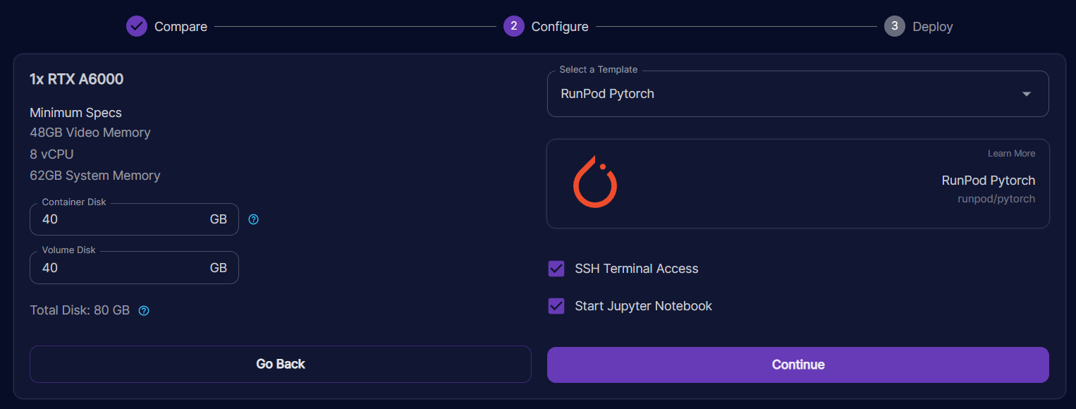 Runpod pod configure step for an RTX A6000 with PyTorch template, SSH and Jupyter Notebook options enabled