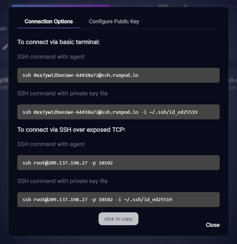 Runpod connection options modal listing SSH commands for basic terminal and SSH over exposed TCP