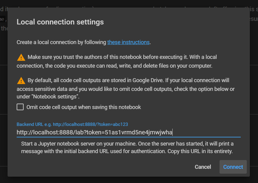 Google Colab local connection settings dialog with a Jupyter backend URL and token entered