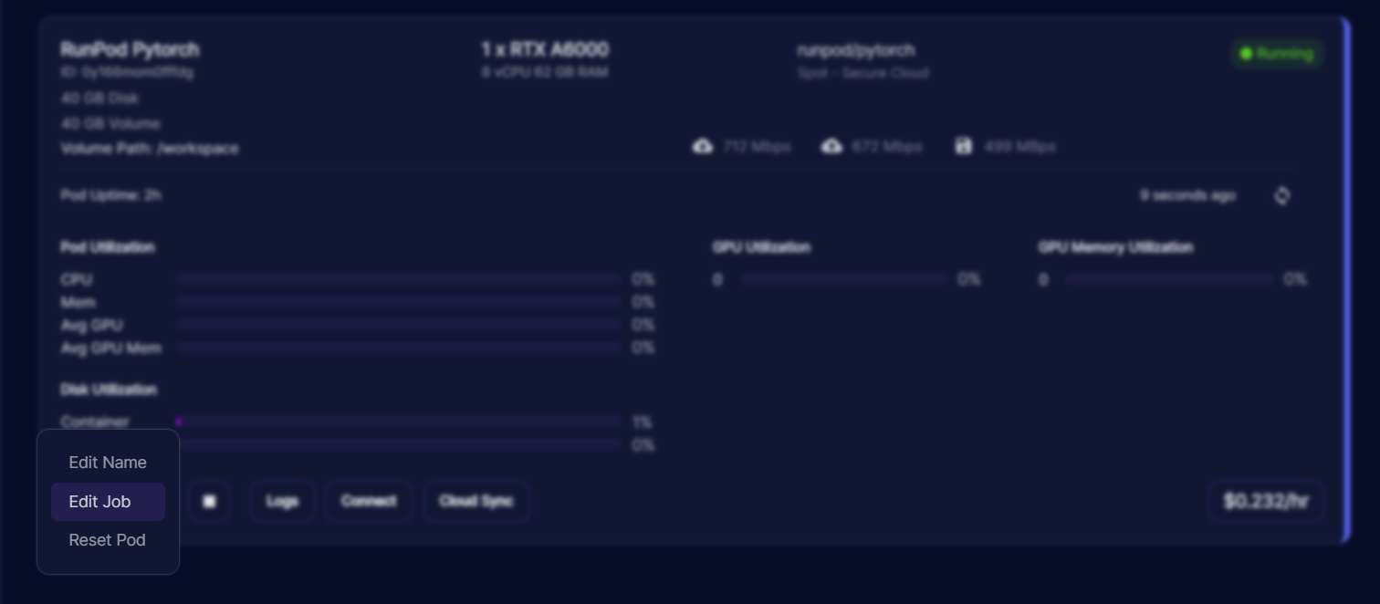 Runpod pod management menu with Edit Job highlighted on a running PyTorch pod card