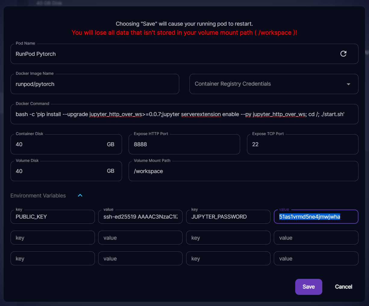 Runpod edit pod dialog with a Docker command enabling jupyter_http_over_ws and environment variables set