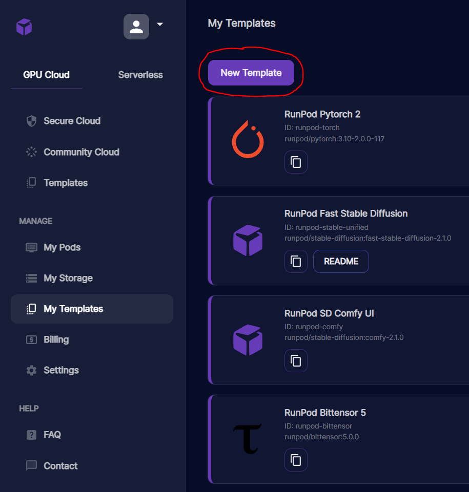 Runpod console My Templates page with the New Template button circled in red