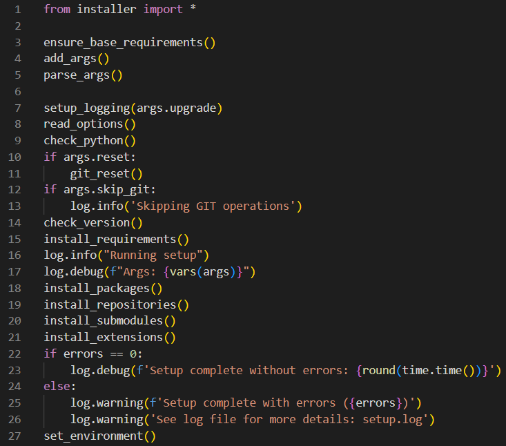 Python installer script calling setup functions like install_requirements, install_packages, and install_extensions