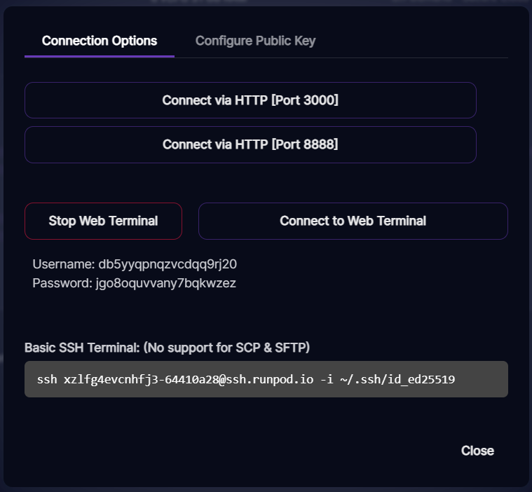 Runpod connection options showing web terminal username and password plus a basic SSH command