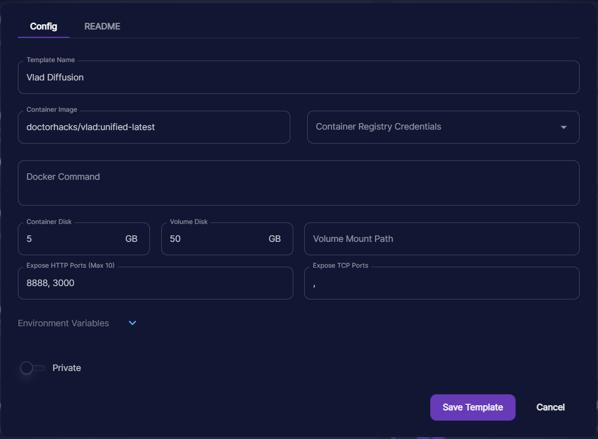 Runpod template config for Vlad Diffusion using doctorhacks/vlad:unified-latest with HTTP ports 8888 and 3000