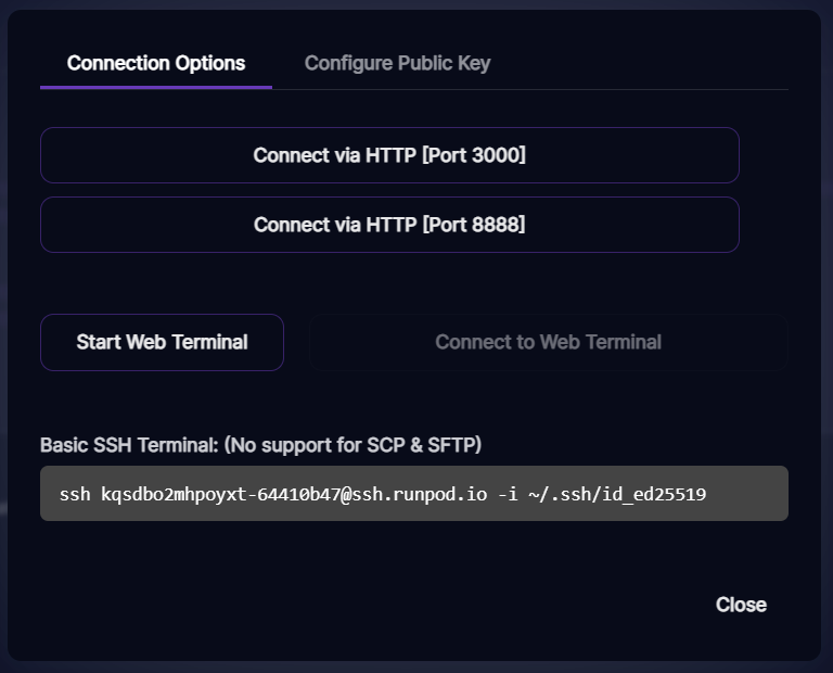 Runpod connection options dialog with HTTP ports 3000 and 8888, web terminal, and a basic SSH command