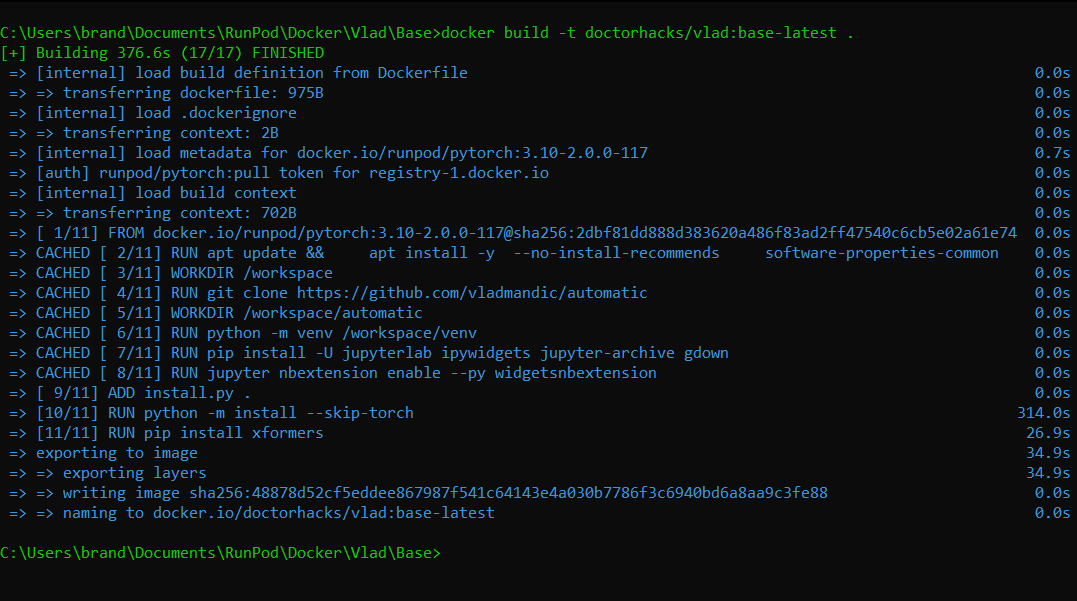 Terminal output of docker build finishing all 17 steps for the doctorhacks/vlad:base-latest image