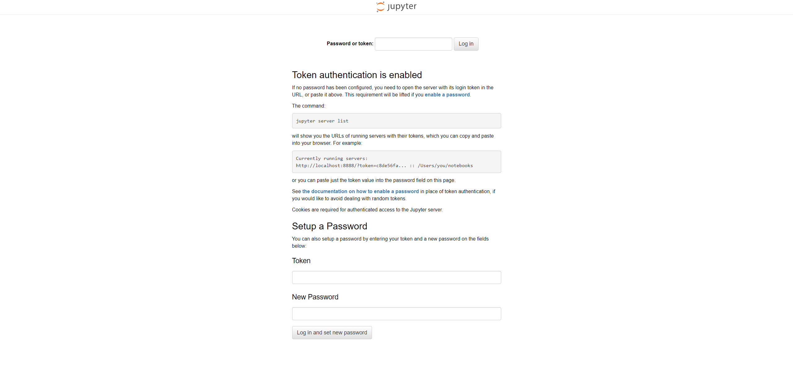 Jupyter server login page stating token authentication is enabled, with token and new password fields