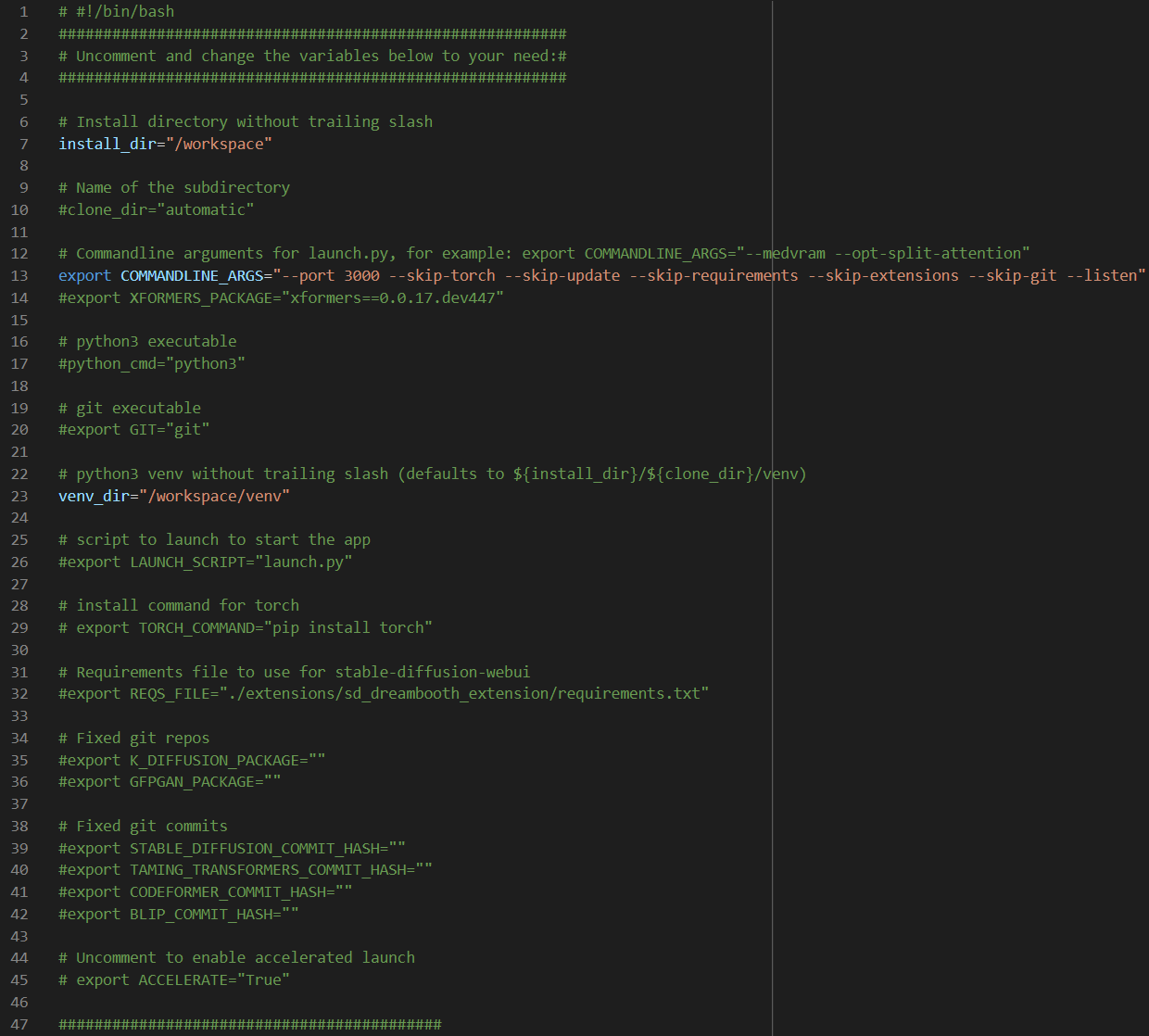 webui-user.sh configuration file showing install directory, command line arguments, and venv path