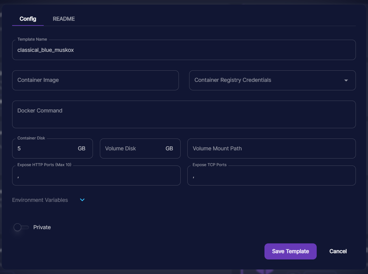 Runpod new template form with blank fields for container image, Docker command, disk sizes, and ports
