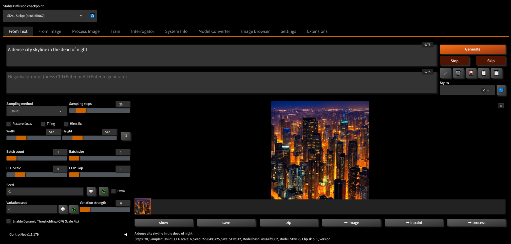 Vlad Diffusion web UI generating a dense city skyline at night from a text prompt