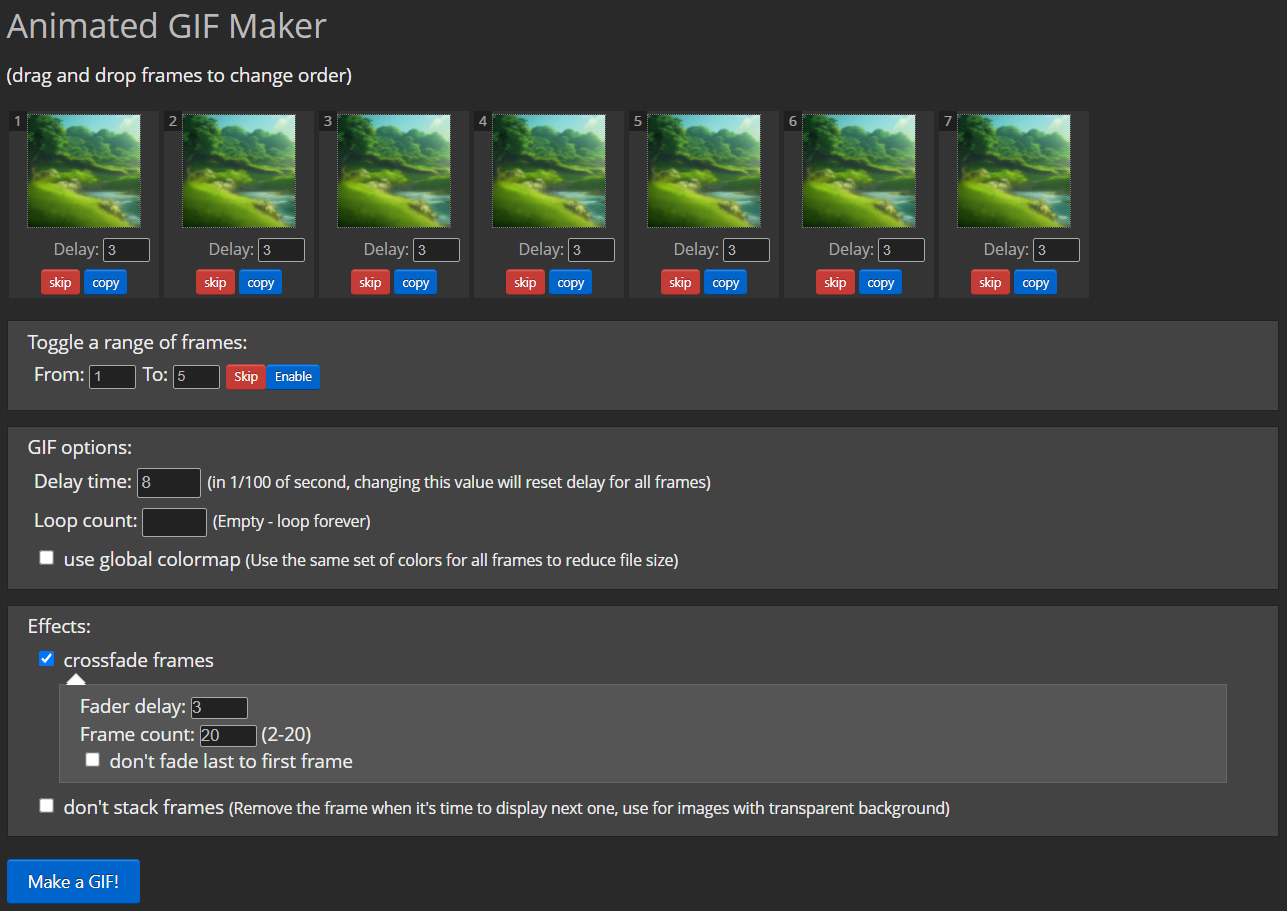 Animated GIF Maker web tool with six landscape frames, delay settings, and a crossfade frames option
