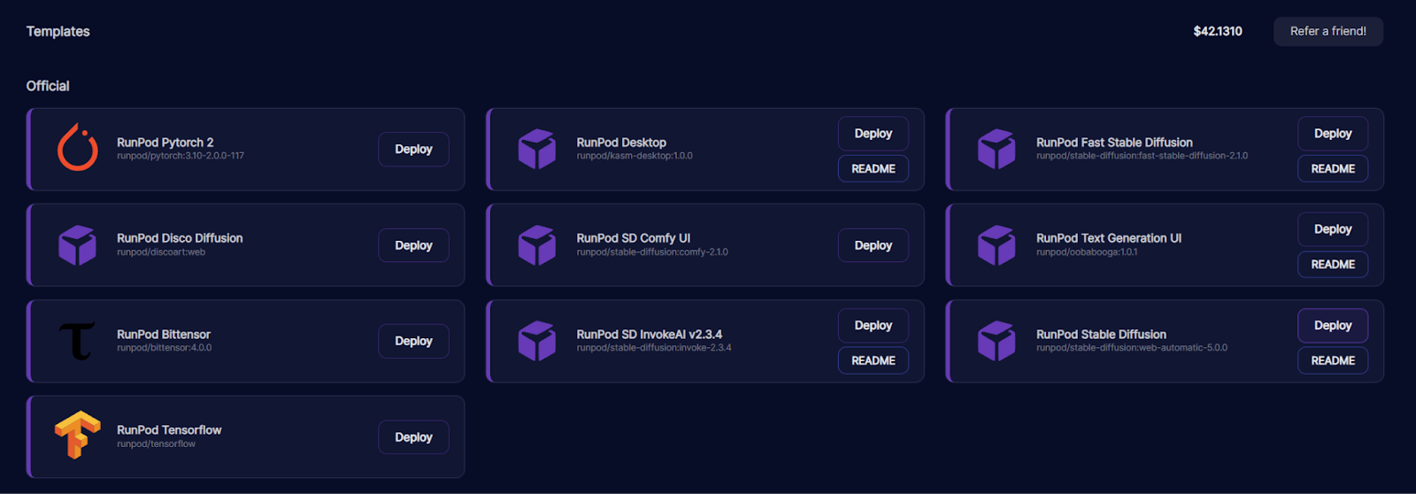 Runpod Templates page listing official templates like PyTorch 2 and Stable Diffusion with Deploy buttons
