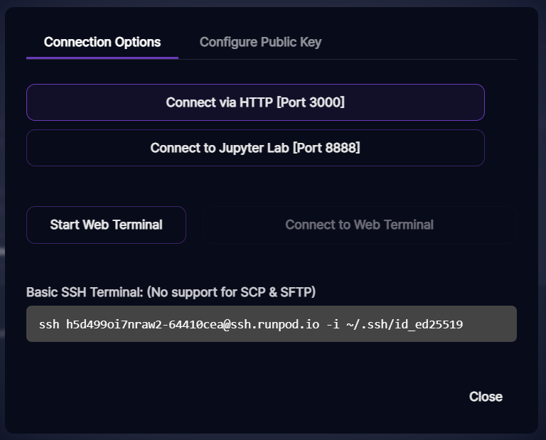 Runpod pod connection options with HTTP, Jupyter Lab, web terminal, and an SSH command