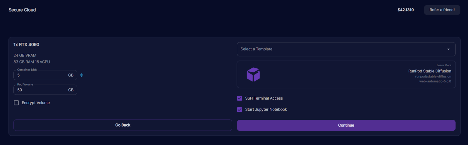 Runpod deployment form for an RTX 4090 with Stable Diffusion template, disk sizes, SSH and Jupyter enabled
