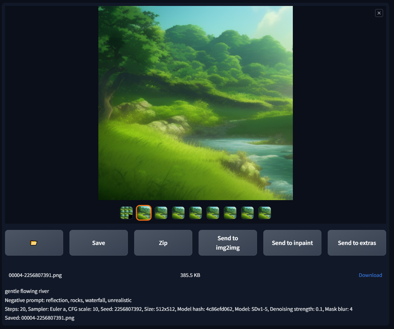 Stable Diffusion web UI output panel showing a generated forest stream image with seed and sampler details