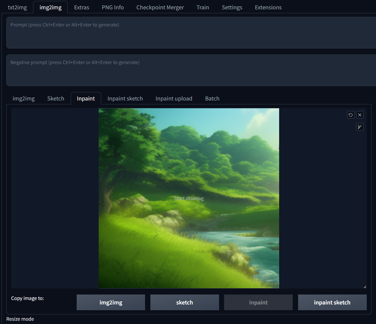 Stable Diffusion web UI img2img tab with a green forest landscape loaded for inpainting