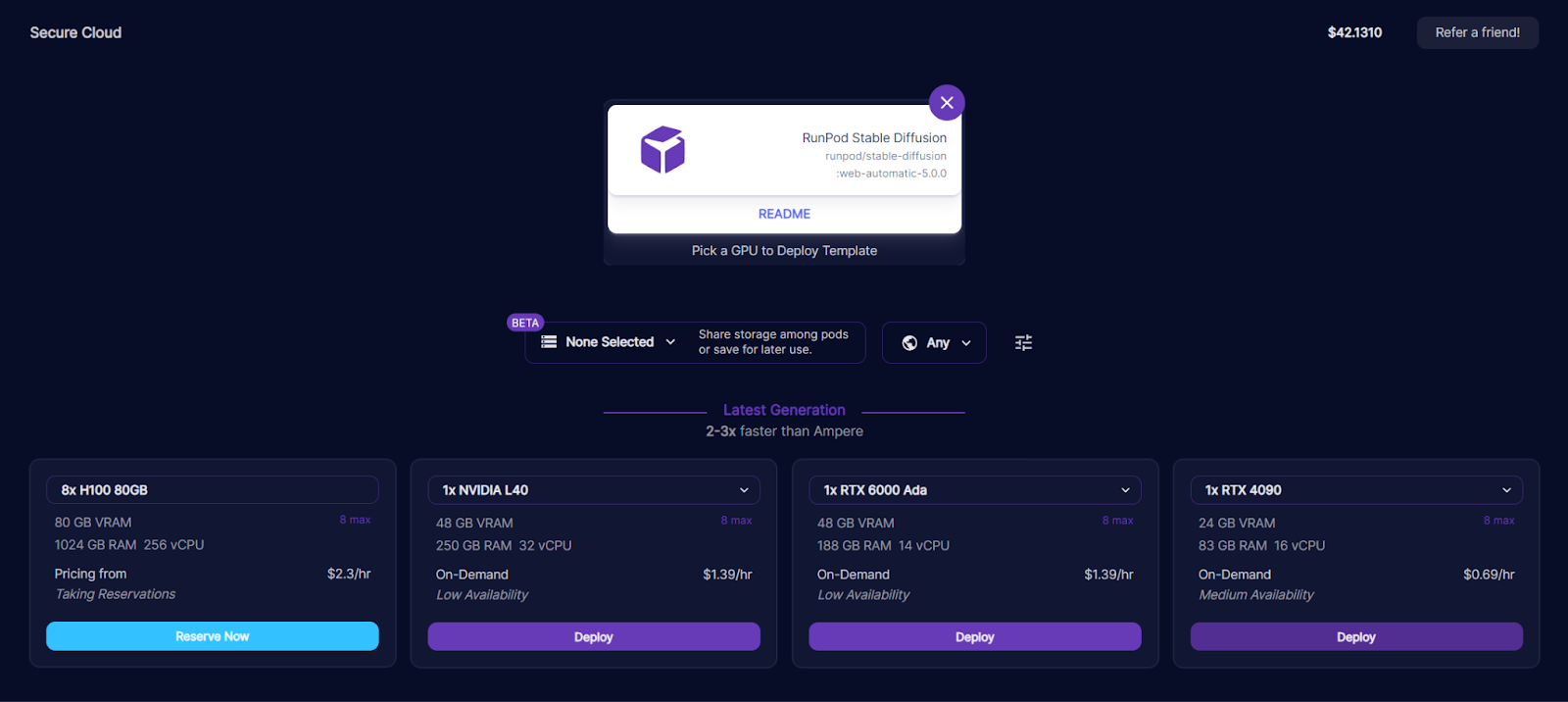 Runpod Secure Cloud GPU picker for the Stable Diffusion template with H100, L40, RTX 6000 Ada, and RTX 4090 options