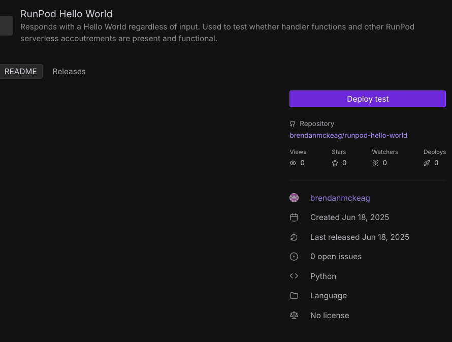 Runpod Hub listing for the Hello World worker with Deploy test button and repository details