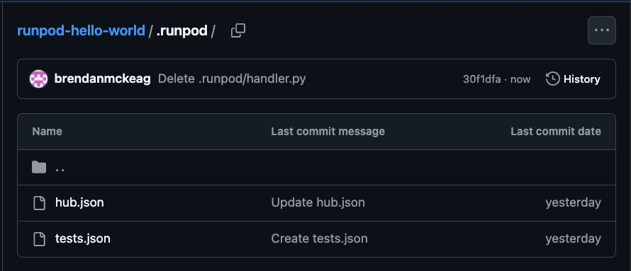 GitHub view of a repo's .Runpod folder containing hub.json and tests.json files