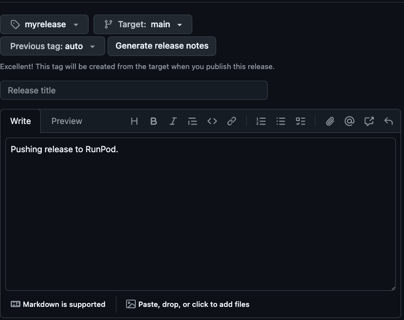GitHub new release form with tag myrelease and a note about pushing a release to Runpod
