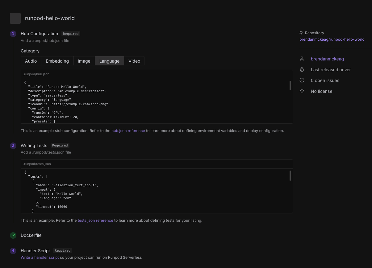 Runpod Hub listing checklist with hub.json and tests.json examples, Dockerfile, and handler script steps