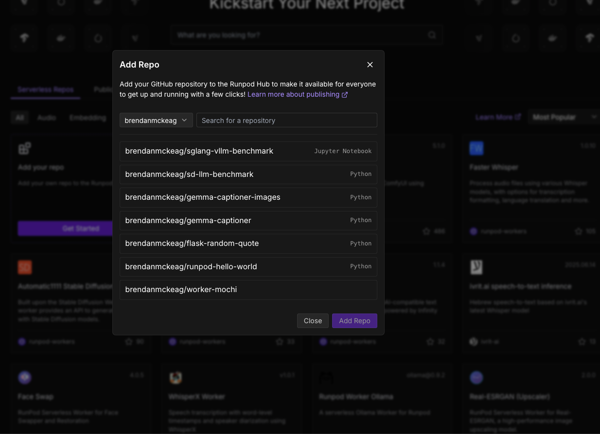 Runpod Hub Add Repo dialog listing a user's GitHub repositories to publish