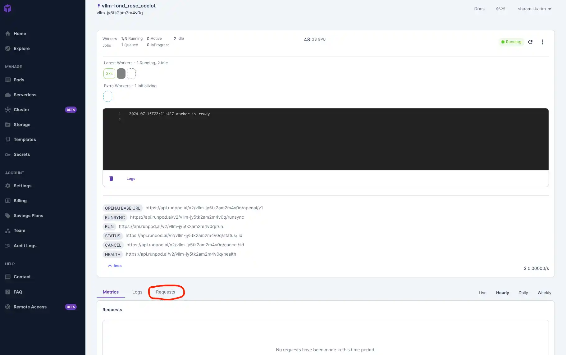 Runpod vLLM endpoint detail page with worker status, API endpoint URLs, and the Requests tab circled