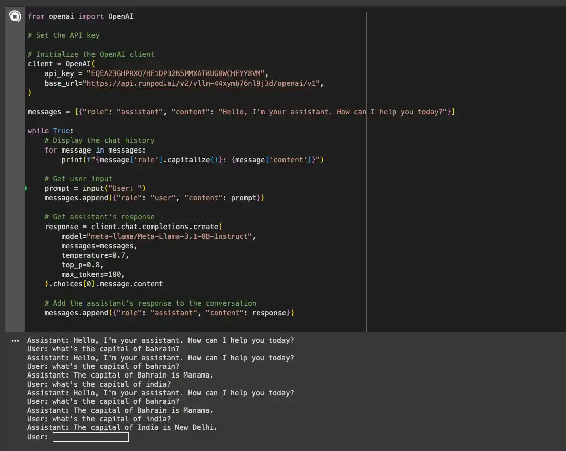 Python chat script using the OpenAI client with a Runpod vLLM endpoint running Llama 3.1 8B, with sample output