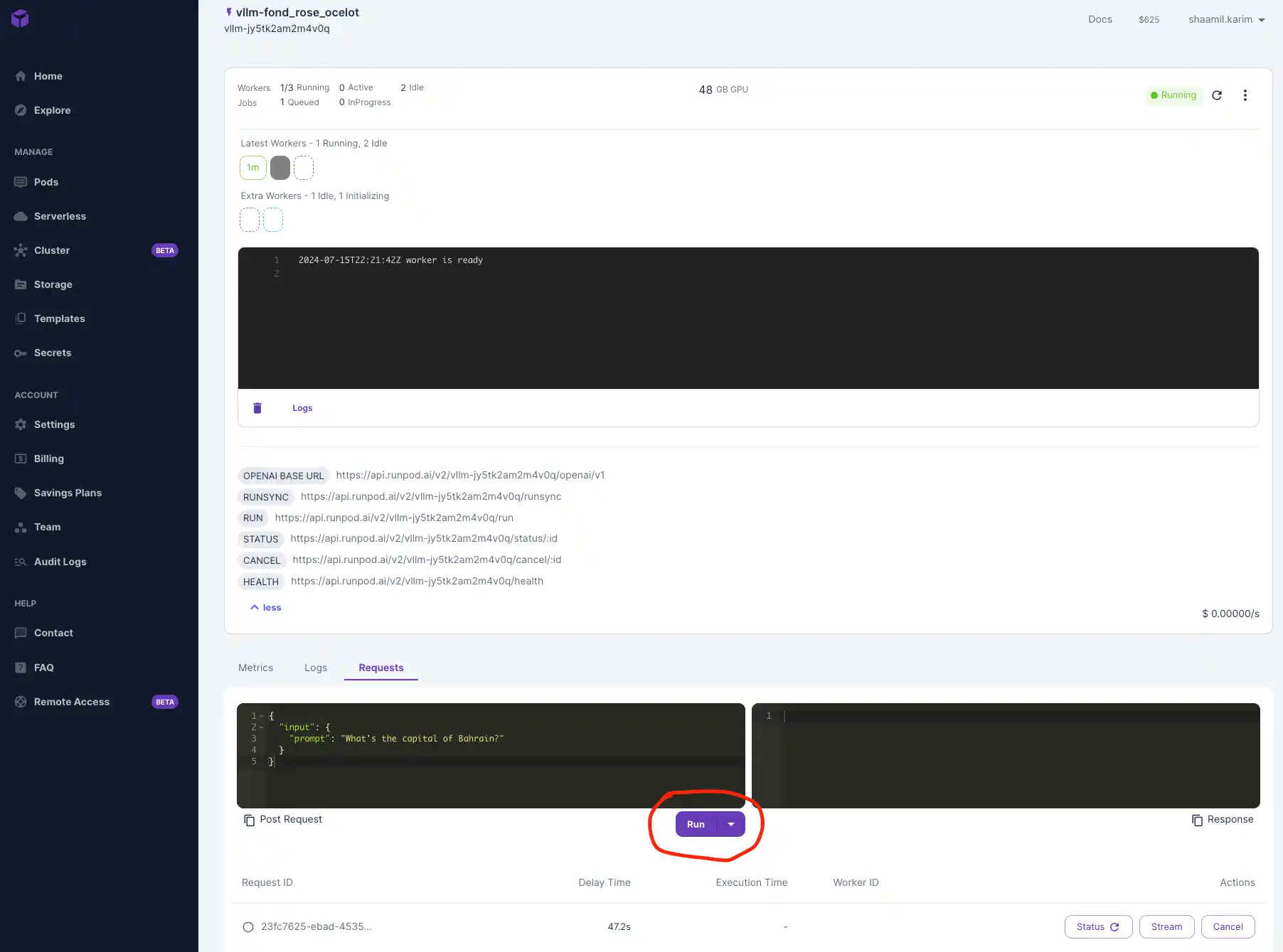 Endpoint Requests tab with a sample JSON prompt asking the capital of Bahrain and the Run button circled