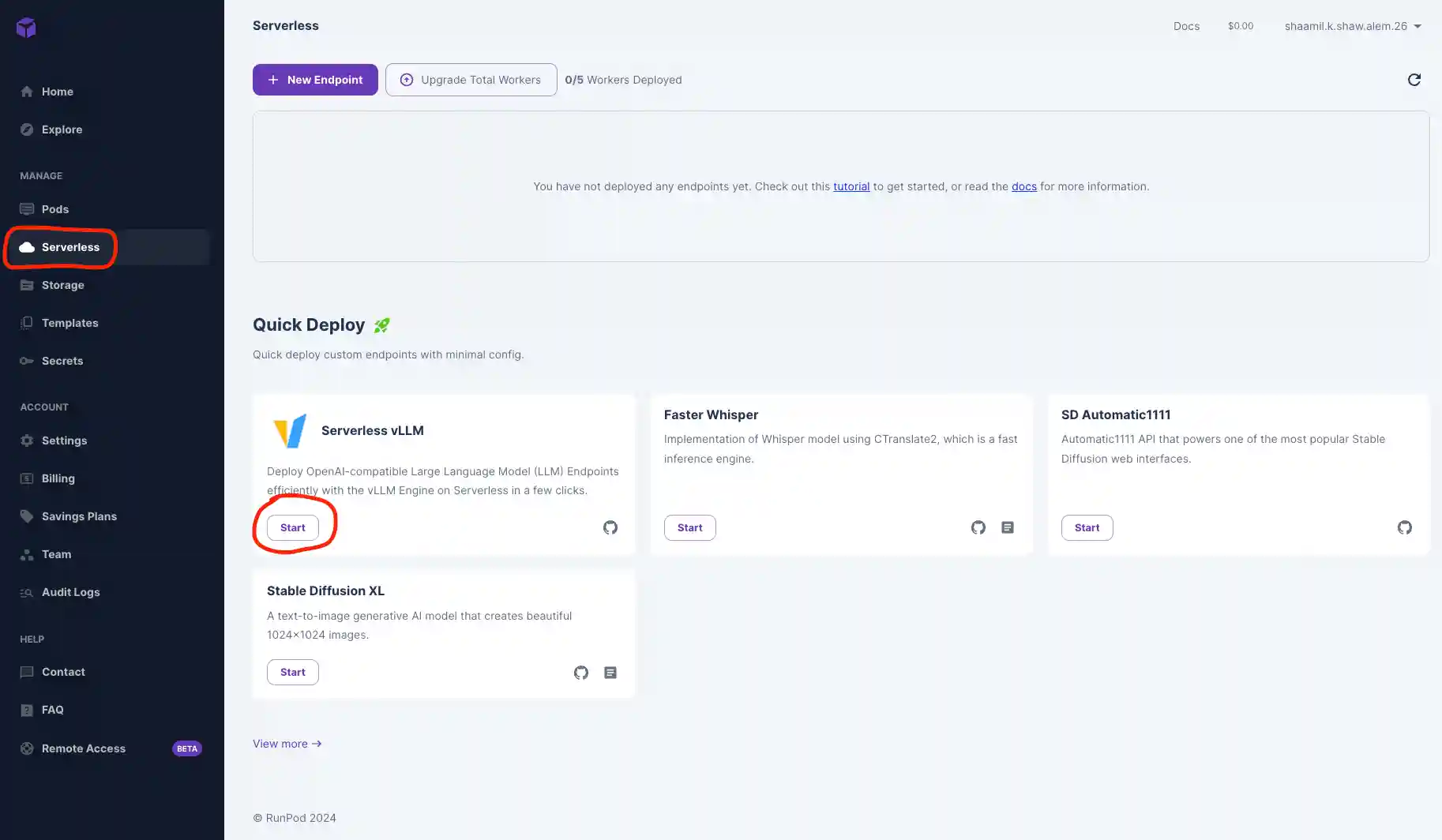 Runpod console Serverless page with Quick Deploy cards and the Serverless vLLM Start button circled