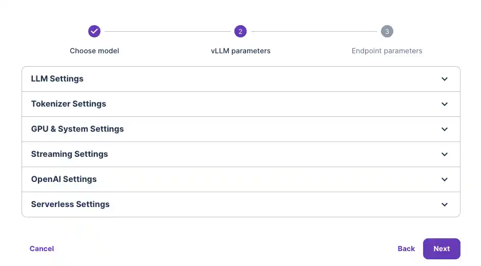 vLLM endpoint setup step 2 with collapsed LLM, tokenizer, GPU, streaming, OpenAI, and serverless settings