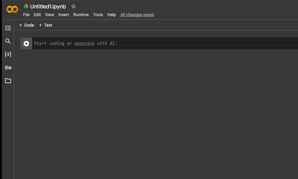 Empty Google Colab notebook with a blank code cell prompting to start coding