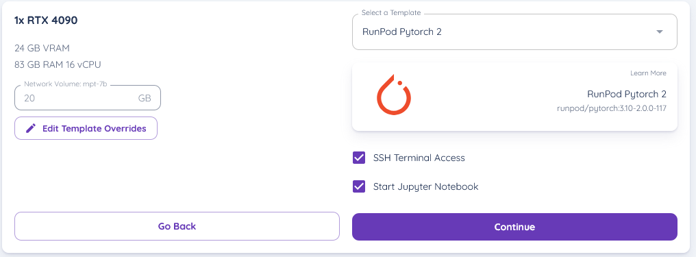 Runpod pod setup with RTX 4090 and PyTorch 2 template, SSH terminal and Jupyter Notebook options checked