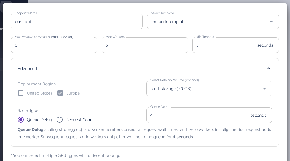 Runpod serverless endpoint form for 'bark API' with worker counts, network volume, and queue delay scaling