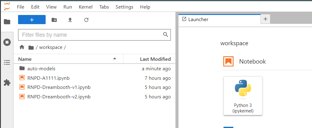 JupyterLab file browser in /workspace listing RNPD-A1111 and Dreambooth notebooks next to the launcher