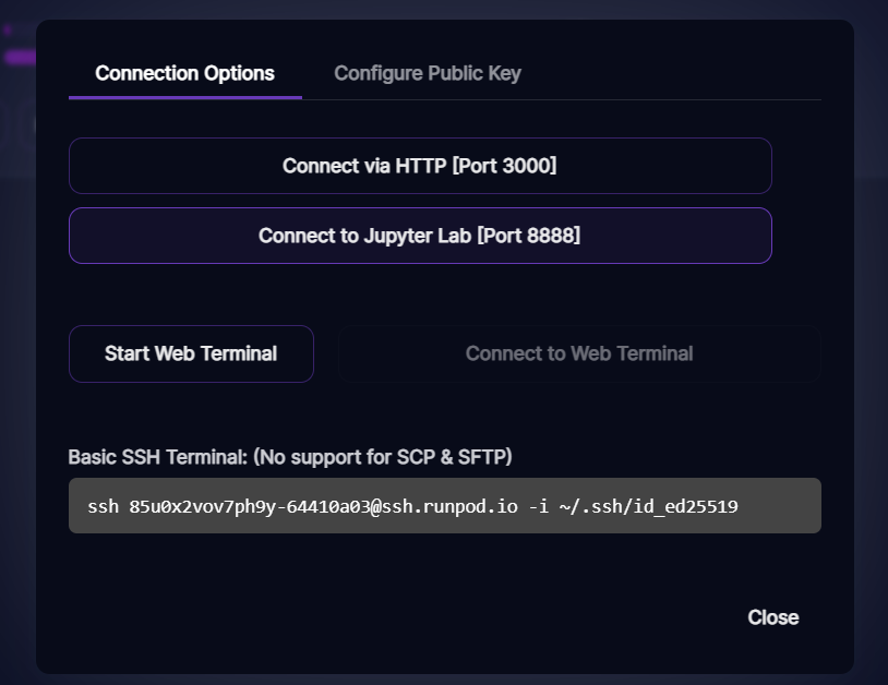 Runpod connection options with HTTP port 3000, Jupyter Lab port 8888, web terminal, and a basic SSH command