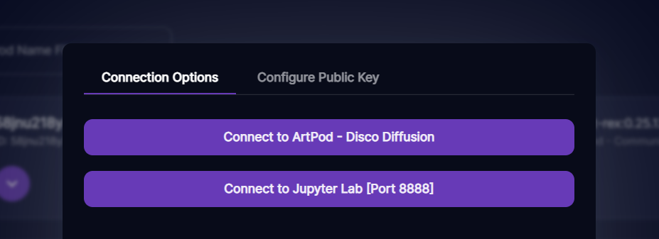Runpod connection options dialog with buttons to connect to ArtPod Disco Diffusion or Jupyter Lab on port 8888