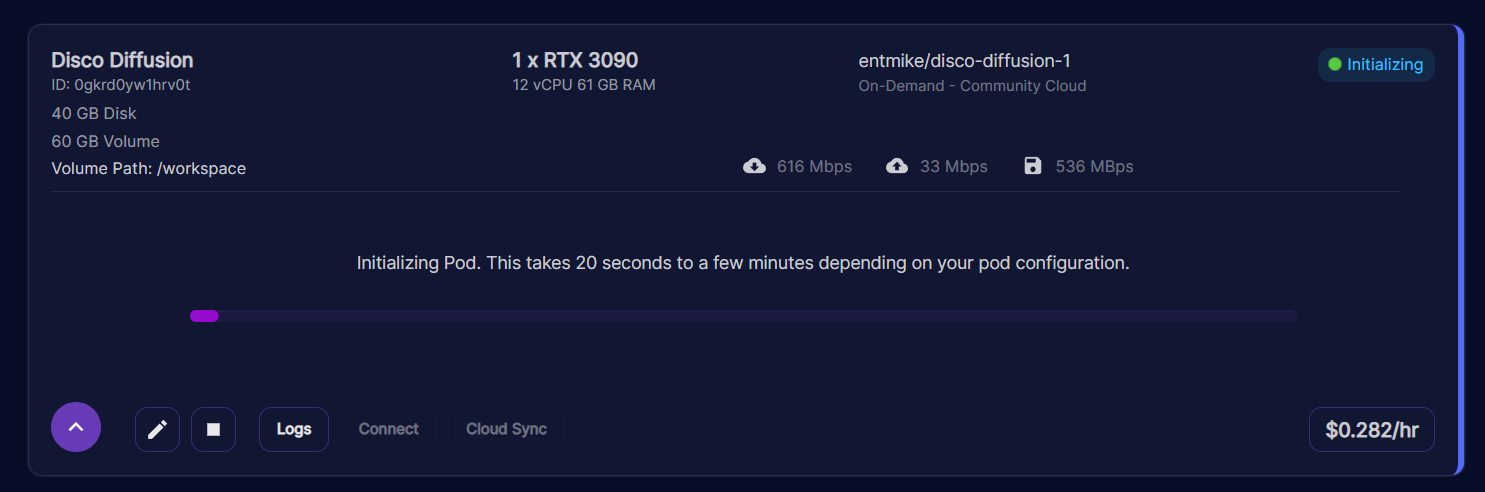 Runpod pod card for a Disco Diffusion pod on an RTX 3090 showing initializing status and a progress bar