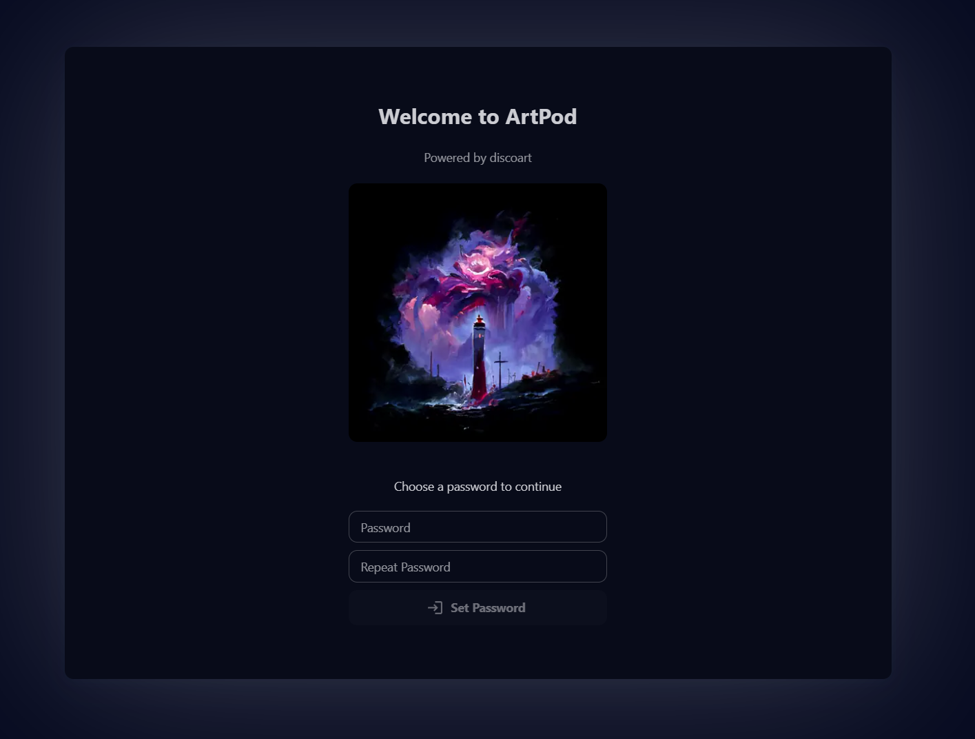 ArtPod welcome page powered by discoart prompting the user to set a password, with an AI lighthouse artwork