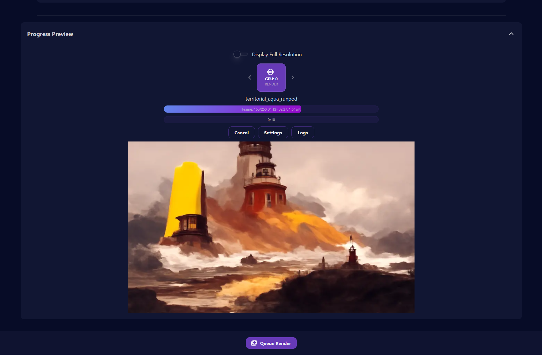 ArtPod progress preview of a Disco Diffusion lighthouse painting taking shape mid-render