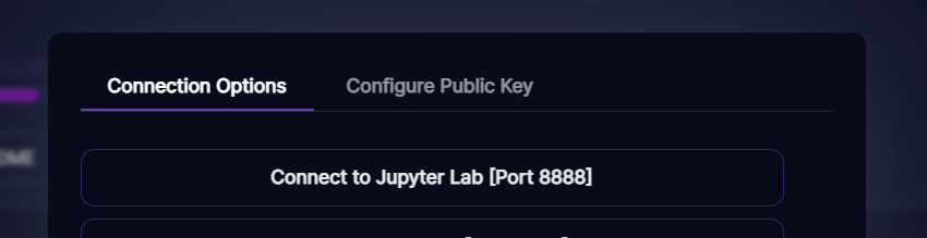Runpod connection options dialog with a Connect to Jupyter Lab on port 8888 button