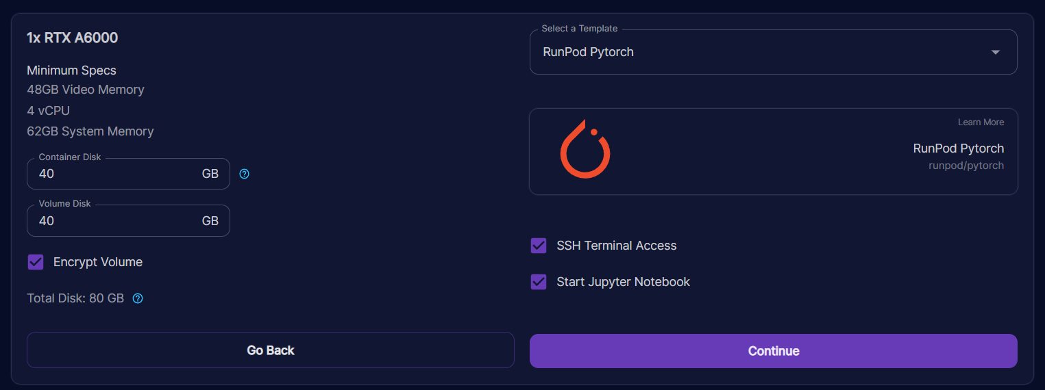 Runpod deployment form for an RTX A6000 with Encrypt Volume checked and the Runpod PyTorch template selected