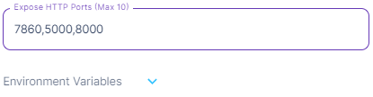 Expose HTTP Ports field in Runpod pod settings listing ports 7860, 5000, and 8000