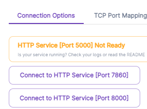 Runpod connection options showing HTTP service on port 5000 not ready and connect buttons for ports 7860 and 8000