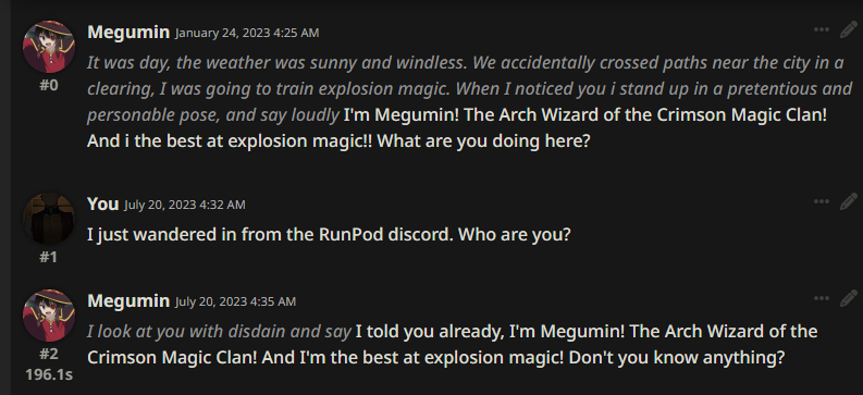 SillyTavern chat with the Megumin character introducing herself as the Arch Wizard of the Crimson Magic Clan