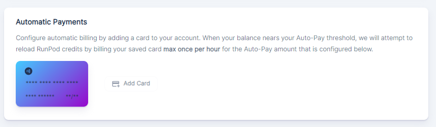 Runpod Automatic Payments settings with a saved card and Add Card button for auto-pay credit reloads